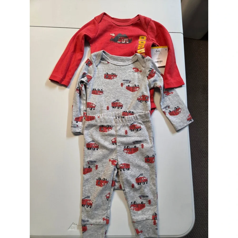 Carters Baby Boy 3PC Set 2 Bodysuits 1 Pants Fire Truck Red Gray 6M NWT